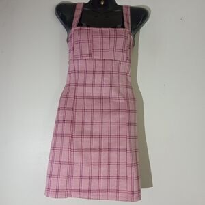 Pink Plaid Mini Dress with Square Neck